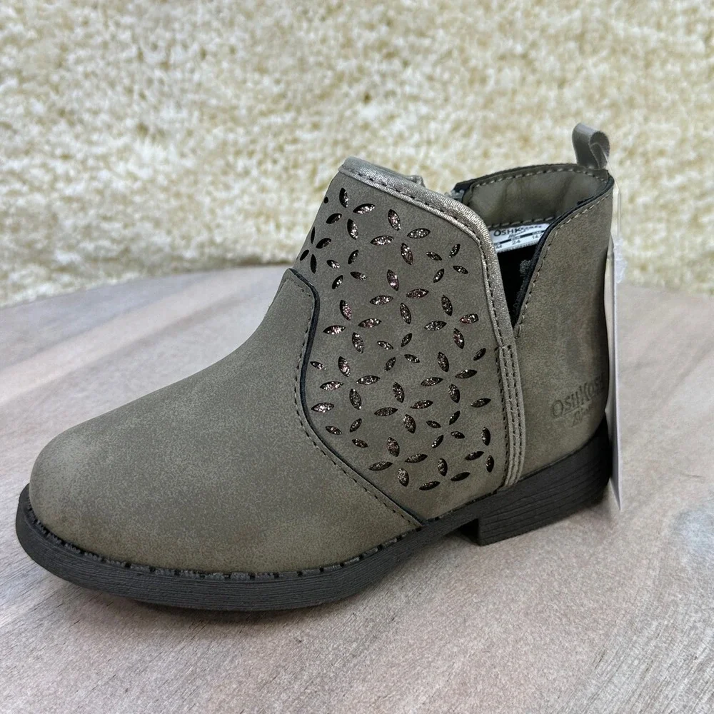OshKosh B'gosh Estell Toddler Girls Taupe Glitter Floral Ankle Boots Size 8M